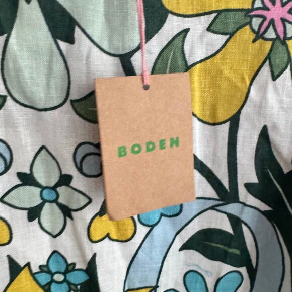 New Boden Flare Linen Floral Mini Dress Green White Back Button 3/4 Sleeve Sz 10 - Picture 11 of 14
